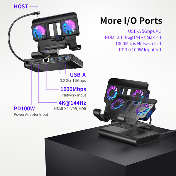 Dock xuất hình kèm quạt tản nhiệt Dual Fan hỗ trợ 4K@144Hz / 2K&1080P@240Hz cho Nintendo Switch 2 / Steam Deck / PC Handheld