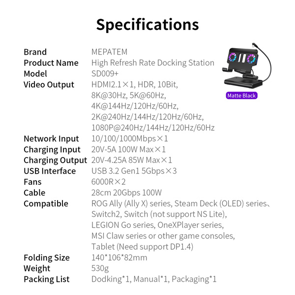 Dock xuất hình kèm quạt tản nhiệt Dual Fan hỗ trợ 4K@144Hz / 2K&1080P@240Hz cho Nintendo Switch 2 / Steam Deck / PC Handheld