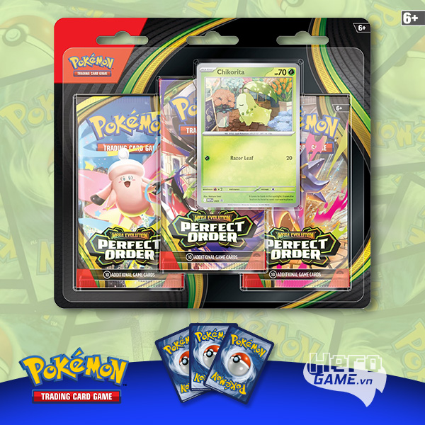 Thẻ bài TCG Pokemon Mega Evolution Perfect Order Blister 3-Pack Chikorita ME03