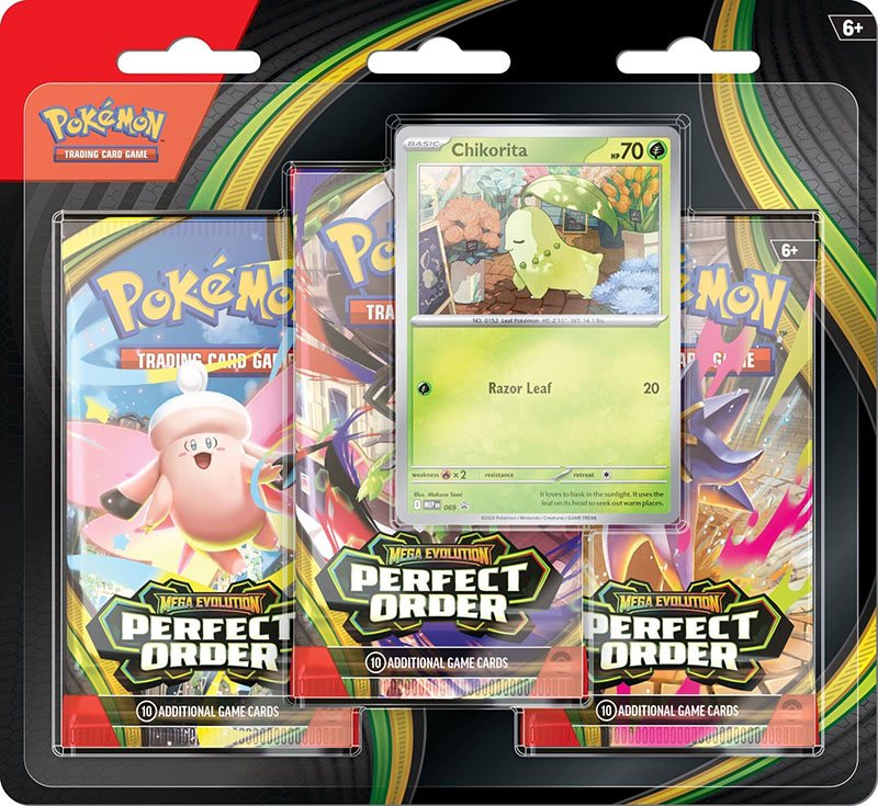 Thẻ bài TCG Pokemon Mega Evolution Perfect Order Blister 3-Pack Chikorita ME03